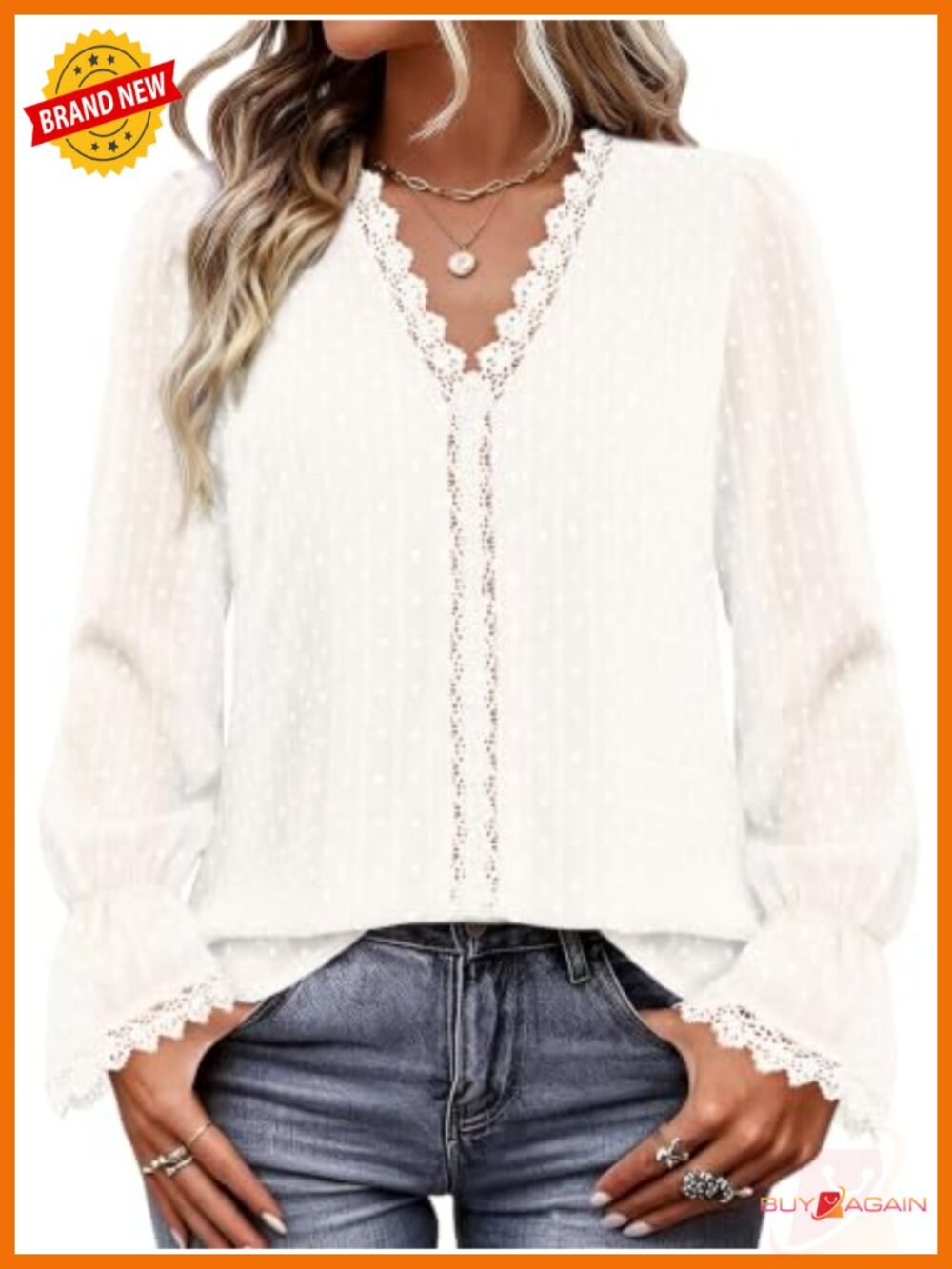 Boho Lace V-Neck Puff Sleeve Tunic Top Flowy Swiss Dot Blouse